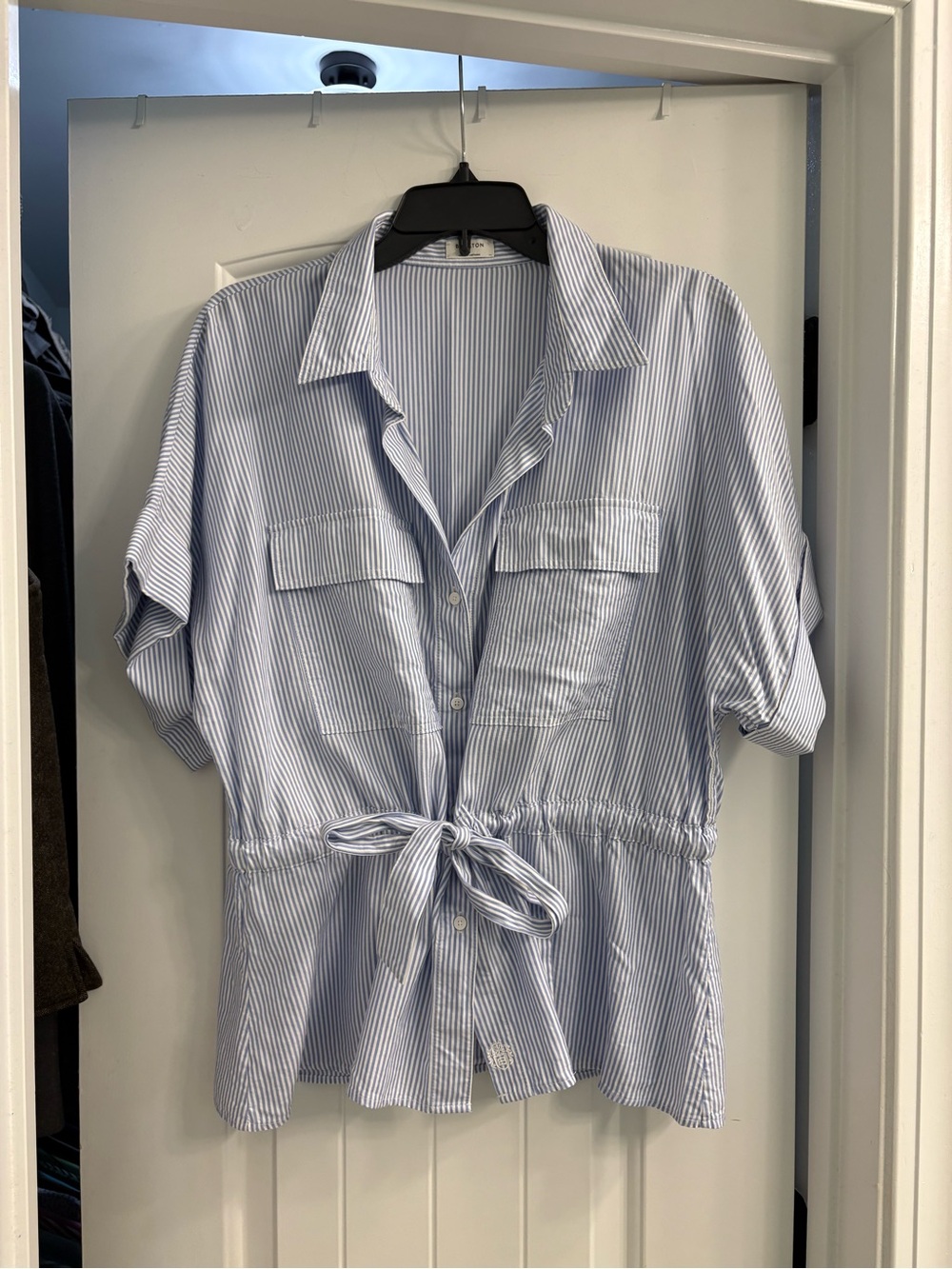 Aritzia Light Blue & White Striped Tie-Waist Button-Down Shirt